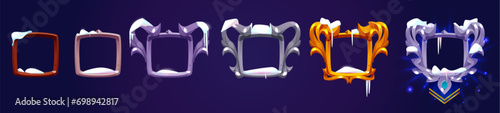 Fantasy decoration frame covered with snow for avatar or menu banner of game level rank ui design. Evolution set of winter medieval square border with different amount of curling decoration edges.