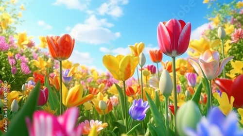 Beautiful tulip field aesthetic scenery background. Blooming Tulip garnden, Colorful flowers, Spring time