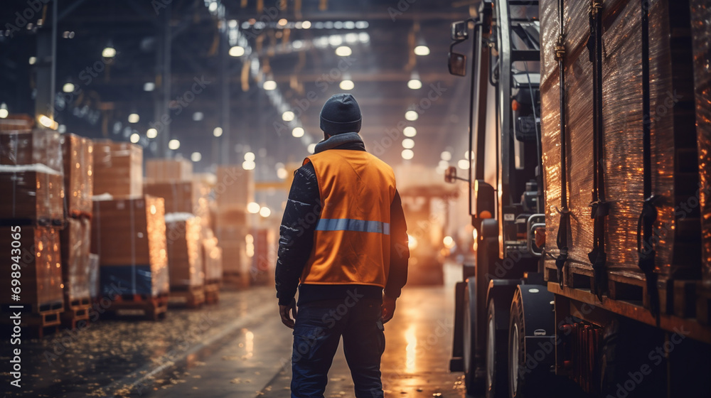 Handsome man professional worker wearing safety vest, Big warehouse with shelves full of stock Handsome man professional worker wearing safety vest, Big warehouse with shelves full of stock