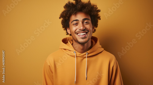 Portrait of a boy with curly hair and yellow sweatshirt