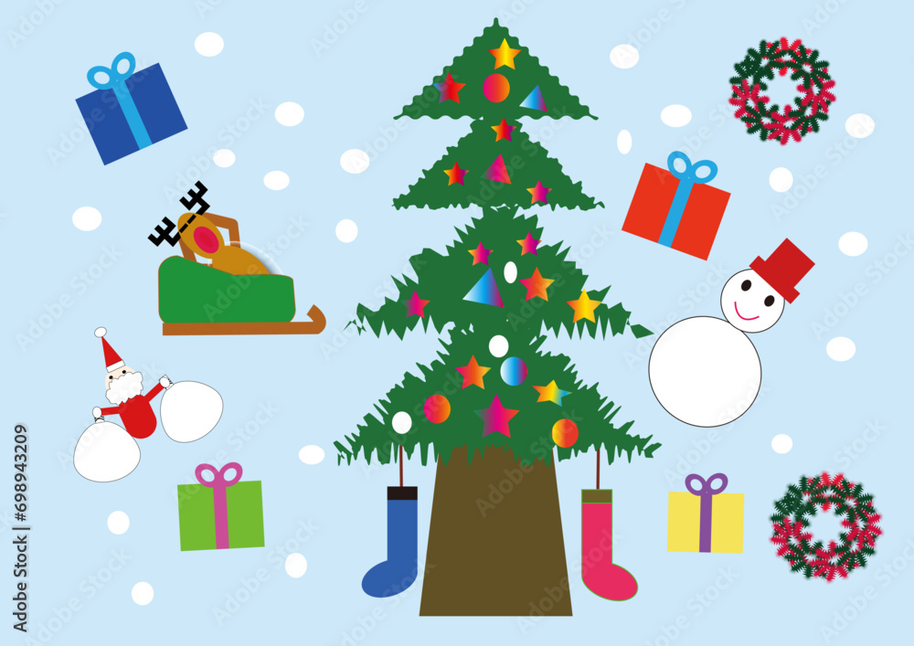 Fototapeta premium クリスマス ツリーやプレゼントやトナカイや雪だるまやサンタクロースや靴下や花輪のイラスト