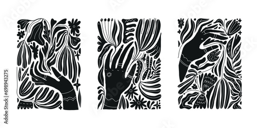 Vector set of black and white silhouette prints. Hands holding flowers, floral shapes celestial illustrations, boho style patterns art, contemporary magic cards.