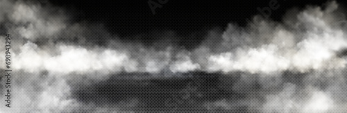 White smoke cloud with overlay effect on transparent background. Realistic border with fog. Vector illustration of smoky mist or toxic vapor on floor. Meteorological phenomenon or condensation. photo