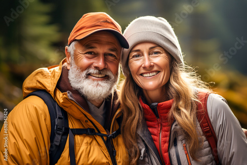 Elderly happy retired couple on vacation, having hike in mountains, spending time together after retirement together travelling. Healthy aging life. Wellness for seniors. Tourism, pension concept