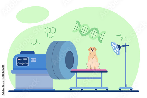 Dog in vet clinic vector illustration. Cute dog sitting on examination bed and waiting for veterinarian to make examination. Magnetic resonance imaging scanner. Healthcare for animals