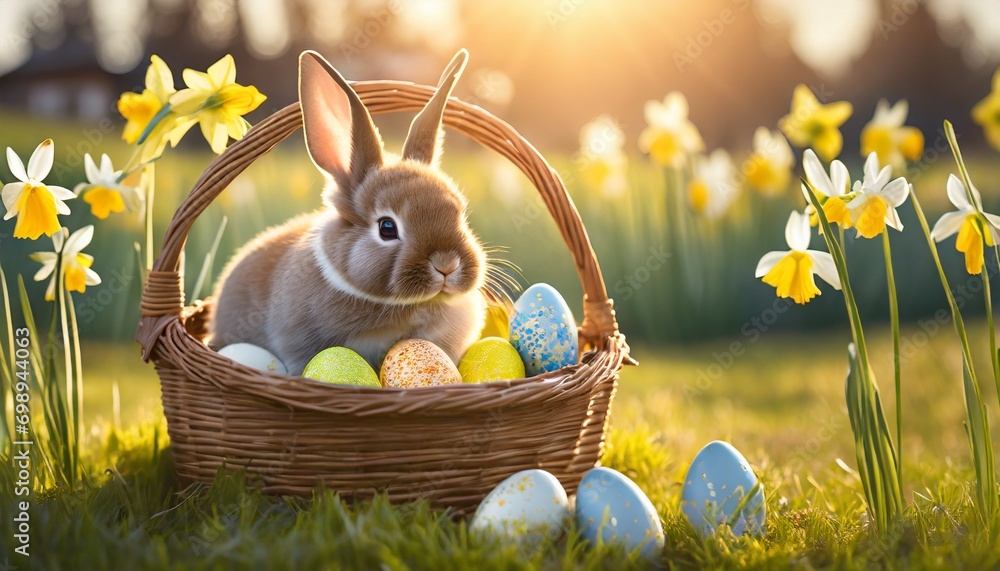 Naklejka premium Zajączek i pisanki w wiklinowym koszyku. Obok kwitnące żonkile. Tło wielkanocne
