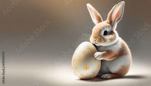 Bunny holding an Easter egg. Easter background with place for text