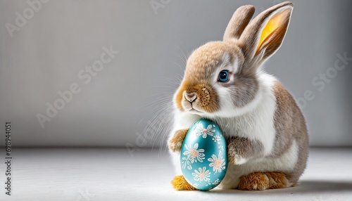 Bunny holding an Easter egg. Easter background with place for text