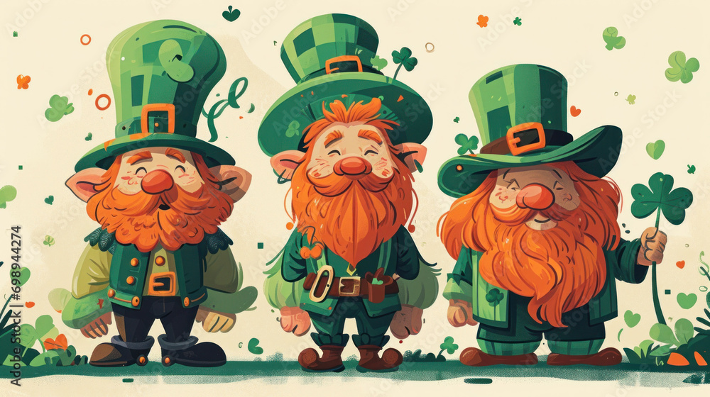 Naklejka premium Leprechauns in green hats and suits joyfully participate in St. Patrick's Day festivities, with clovers adding a touch of luck.
