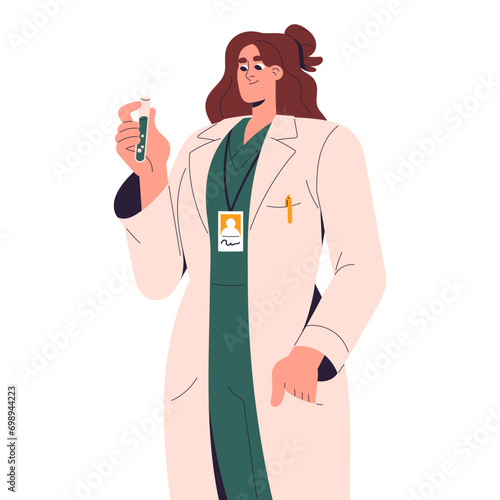 Professional medic in doctors coat holds tube. Clinic worker, health scientist makes lab research. Medical laboratory. Woman works in healthcare. Flat isolated vector illustration on white background