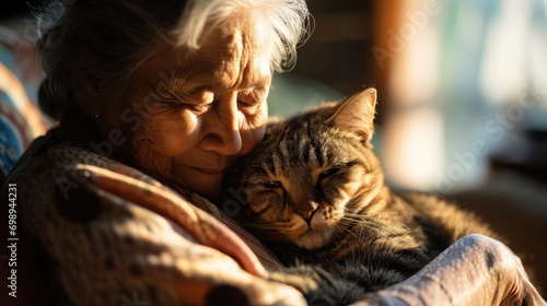 Portrait Older elderly with pet, An aged woman hugs her beloved cat photo