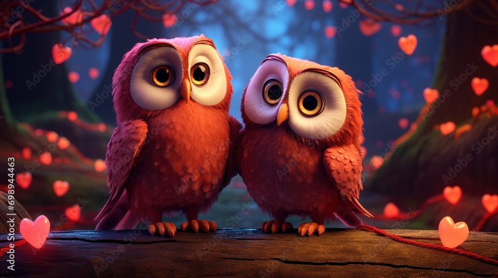 Couple of cute owl cartoon on romantic valentines background. Valentine's day greeting card, in love