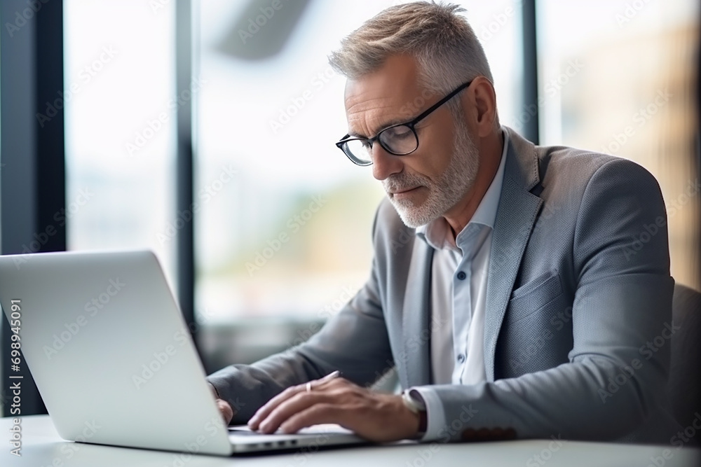 Fototapeta premium mid aged businessman working on laptop in the office