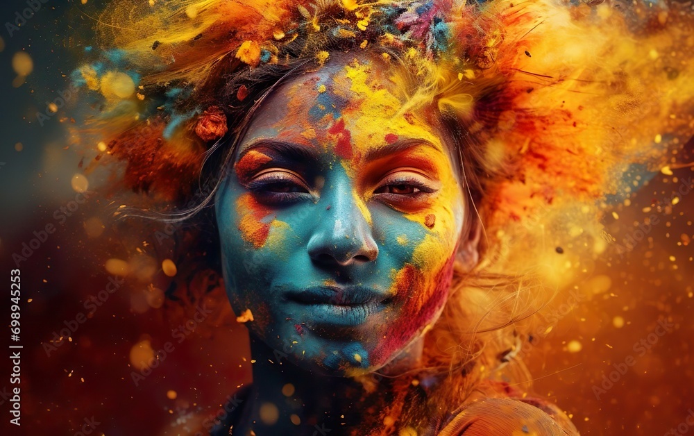 Holi celebration poster. Festival powder throwing, happy people, a young woman. AI Generative.