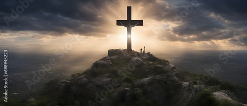 Fotografia Golgotha hill and cross as symbol of Jesus' death and resurrection during Passion Week