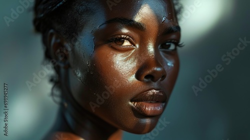 Black Woman Portrait with Radiant Skin and Ethereal Glow photo