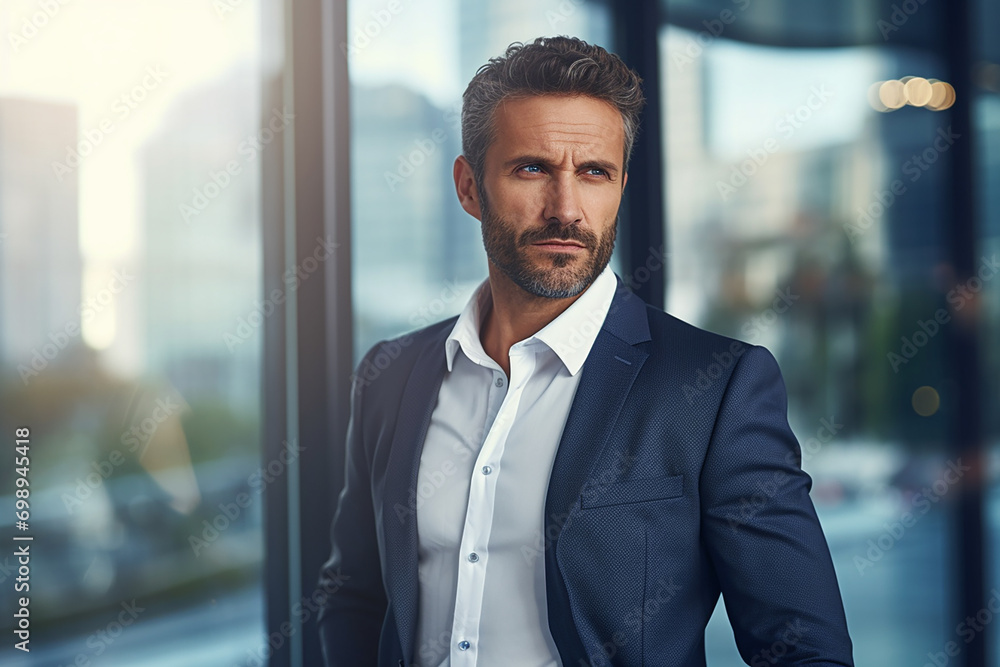 portrait of businessman besides window in the office