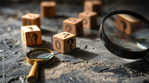 Problems and root cause analysis concept. Defining of problems to find solution. The wooden cubes with illustration magnifying glass and question mark sign as concept of analyzing issues