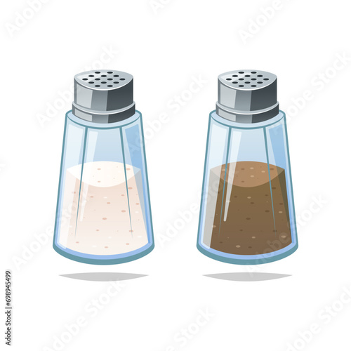 Salt and pepper shakers vector. Transparent glass shaker with metal cap isolated on white background. 