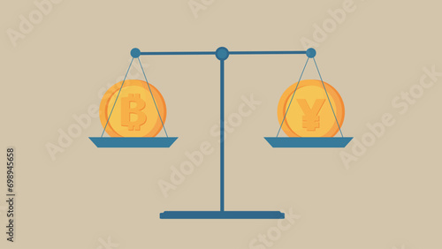 Bitcoin and Japanese currency yen coin on the scales.
