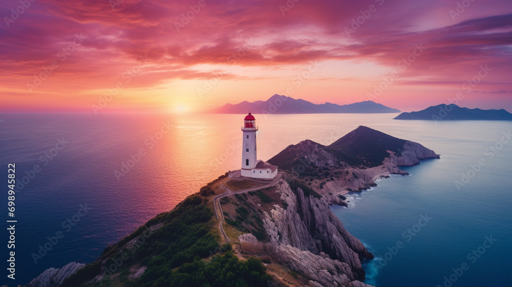 Lighthouse on the mountain peak at colorful sunset in summer. AI Generative. Lighthouse on the mountain peak at colorful sunset in summer. AI Generative.