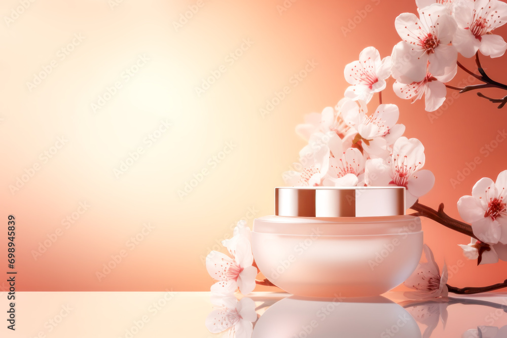 Spa relax composition of mockup of cosmetic gar with beauty product against glowing trendy peach fuzz color background with cherry blooming branch. Skin care treatment. Template of cosmetic product