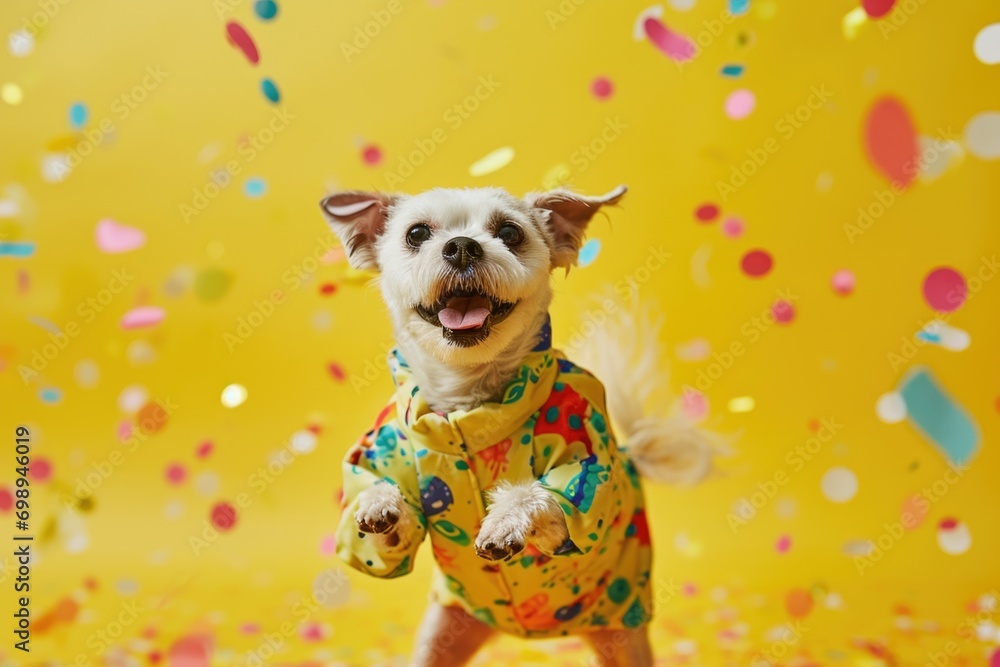 Cute dog wearing colorful clothes dancing on yellow background
