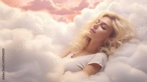  A young, attractive, content blonde woman rests on fluffy clouds in the sky