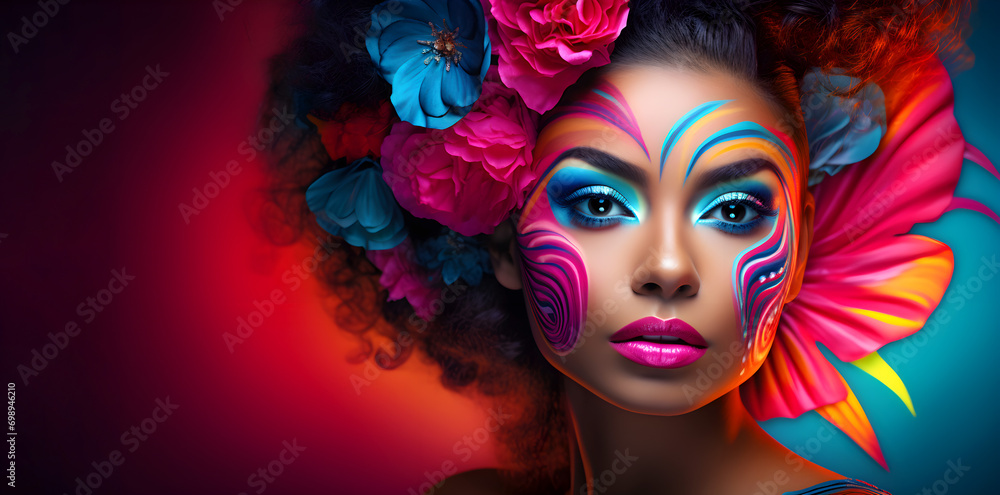 Close-up portrait of Latina Young Woman with fantasy art make-up for Brazilian carnival. Close-up