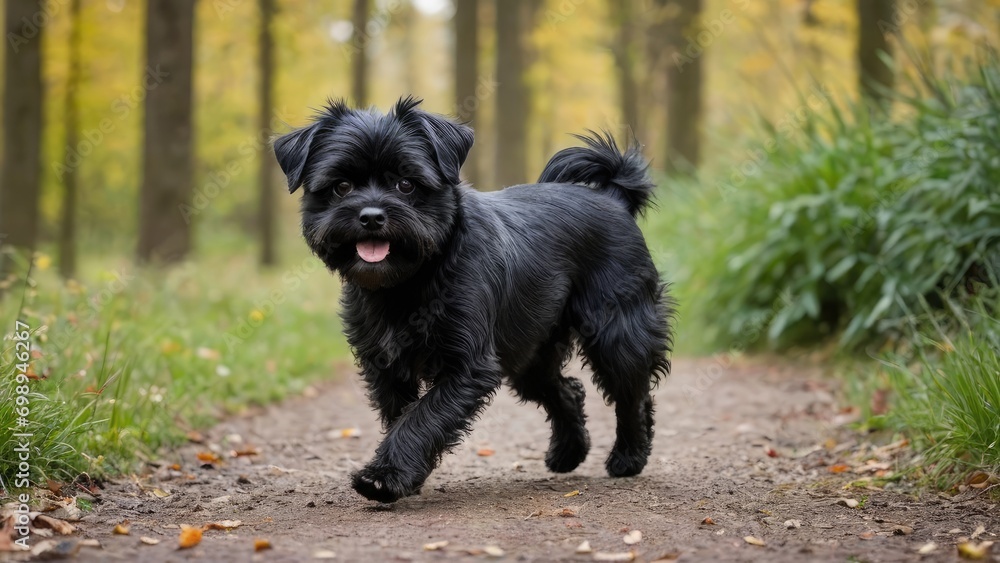 Affenpinscher dog running with its owner in the park Affenpinscher dog running with its owner in the park