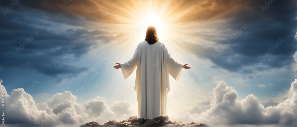The resurrected Jesus Christ ascending to heaven above the bright light sky and clouds and God, Heaven and Second Coming concept The resurrected Jesus Christ ascending to heaven above the bright light sky and clouds and God, Heaven and Second Coming concept