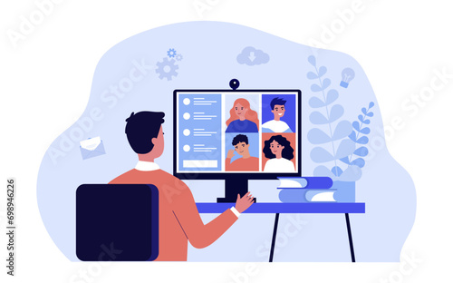 Man having online collaboration with people from different parts of world vector illustration. Man sitting at home, using computer for communication. Online communication, collaboration concept