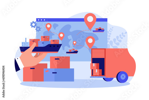 Person loading carton boxes on ship and in truck vector illustration. Map with destination points and logistical itinerary on background. Increase in exports and imports, world logistics concept