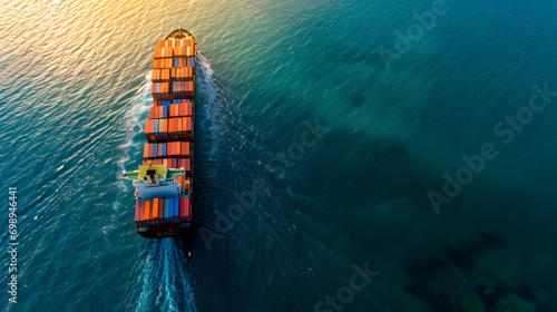 Aerial side view of cargo ship carrying containers from custom depot. Concept of freight shipping by ship service