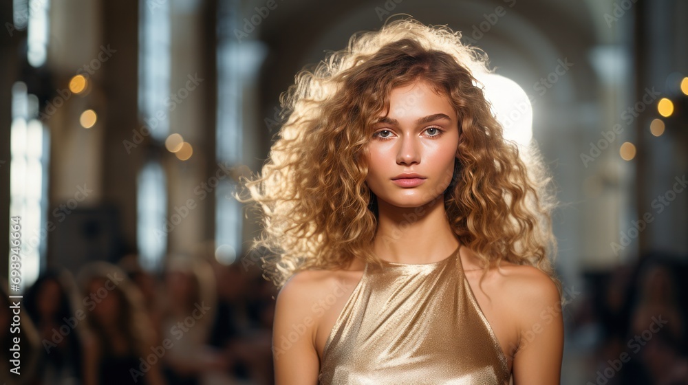 A blonde woman with curly hair in a slightly wavy golden dress walks the runway. A blonde woman with curly hair in a slightly wavy golden dress walks the runway.