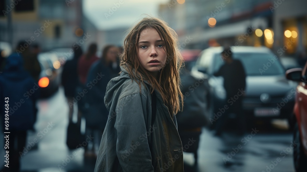 A young girl stands with a sad face at a traffic light on a city street. A young girl stands with a sad face at a traffic light on a city street.