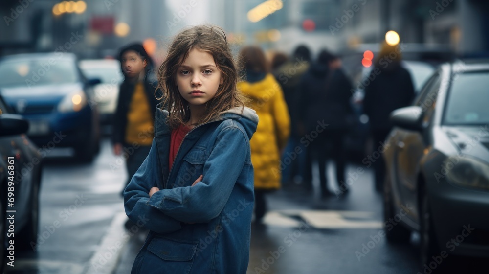 Fototapeta premium A young girl stands with a sad face at a traffic light on a city street.
