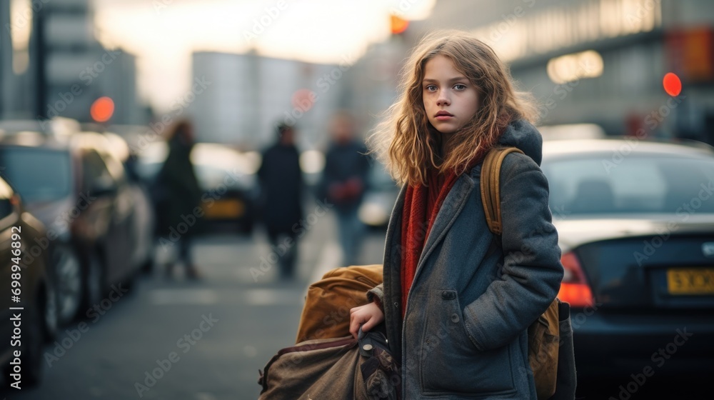 A young girl stands with a sad face at a traffic light on a city street.