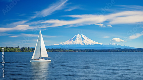 A white sailboat on crystal blue water sailing past Mount Ranier, AI Generative.