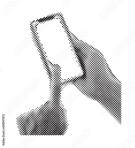 Template of phone in halftone hand. Hand holding phone with blank display isolated on checkered background. Vector illustration