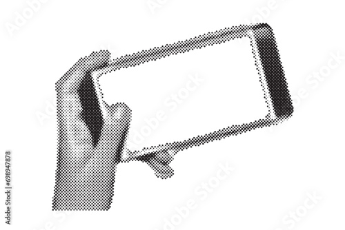 Template of phone in halftone hand. Hand holding phone with blank display isolated on checkered background. Vector illustration