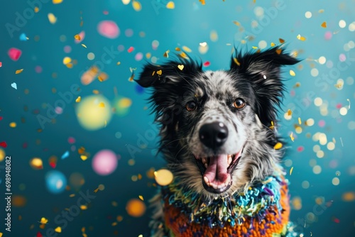 Excited dog wearing colorful clothes on blue background . 