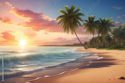 Tranquil Sunset over Tropical Beach with Palm Trees © Dustin Ai
