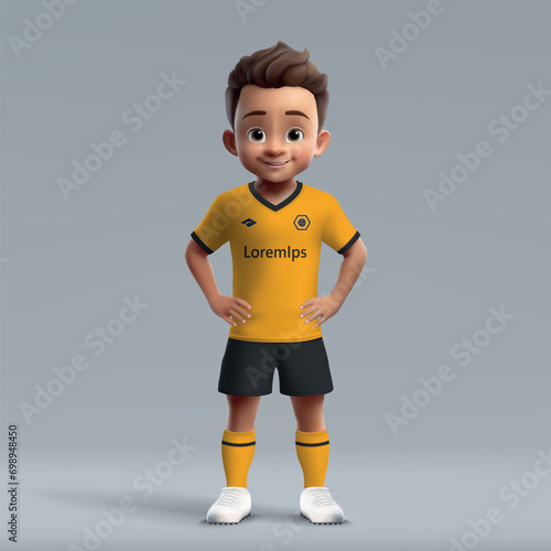 3d cartoon cute young soccer player in Wolverhampton football uniform photo