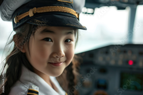 A little girl dressed as an aeroplane captain, a girl pilot of an aeroplane