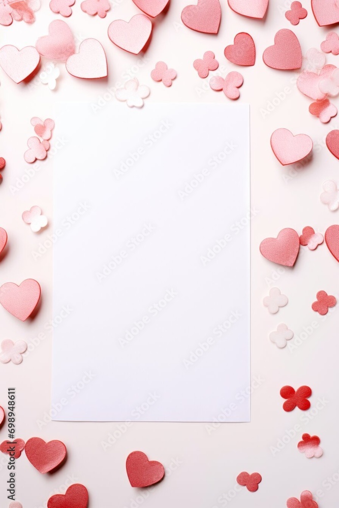 Valentines day party decorations background, Red hearts on white background mockup.