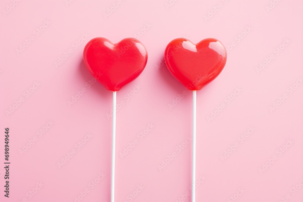 Two red heart lollipops on simple pink background. Valentine's day concept. Sweet sugar candy. Symbol of love. Romantic present. Minimalistic holiday composition