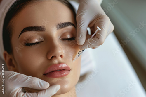 A young girl at the appointment with a cosmetologist, giving Botox and vitamins injections in her face