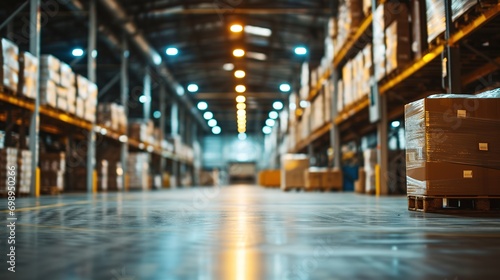 Retail warehouse full of shelves with goods in cartons  with pallets and forklifts. Logistics and transportation blurred background. Product distribution center.