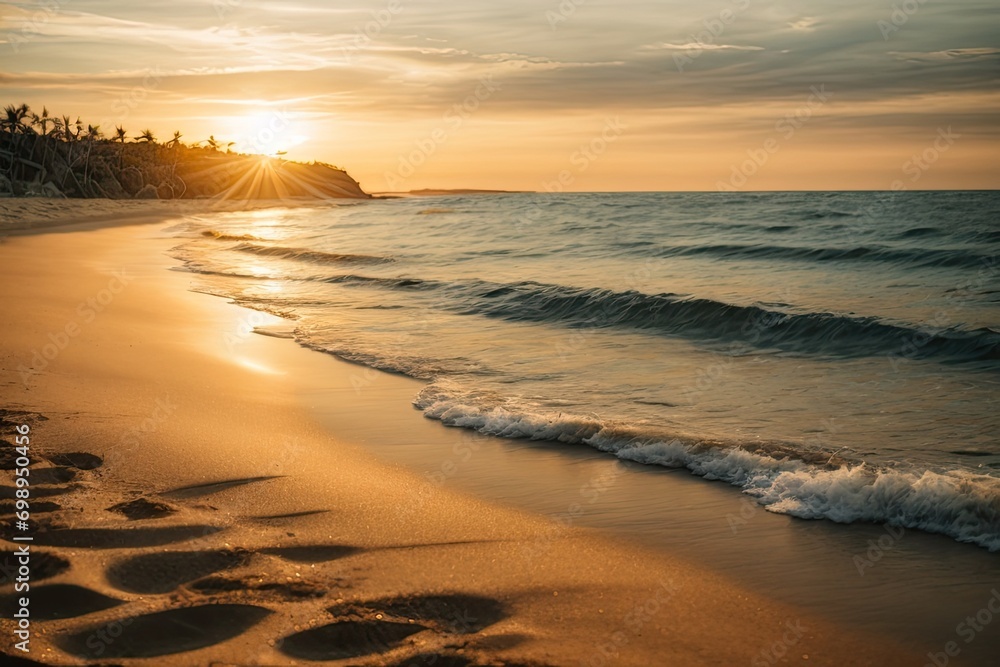 Sandy beach close-up by the sea with crashing waves, landscape panoramic view, tropical horizon seascape, calm, tranquil, and relaxing summer mood under the orange and golden sunset sky generative ai